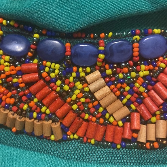 Charming Charlie Teal Green Knit Top Beaded Neckline Hip Rouching Size Medium - Picture 5 of 12